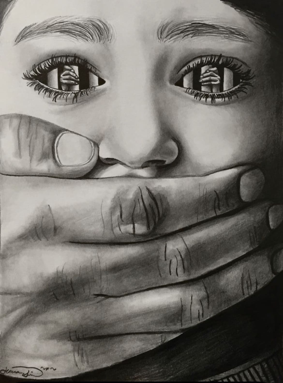 Illustrated image of a child with an adult’s hand over their mouth and an image of cage bars in their eyes to reflect their emotional and mental imprisonment.