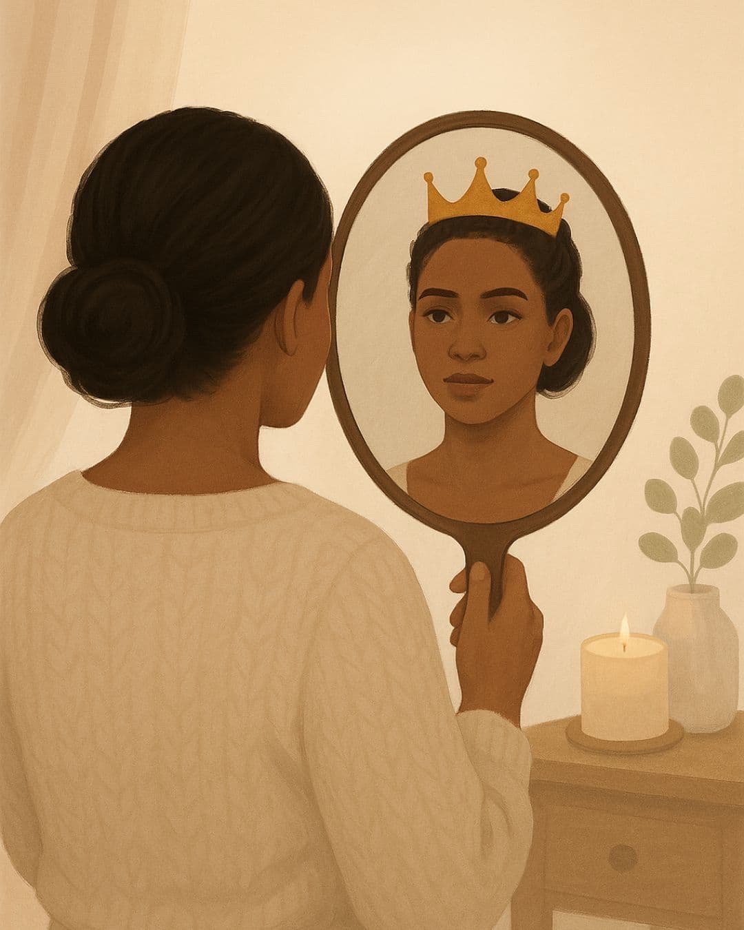 A young African woman looking at herself in the mirror and in her reflection, she has a crown on her head. This symbolises how she sees herself and her self worth.