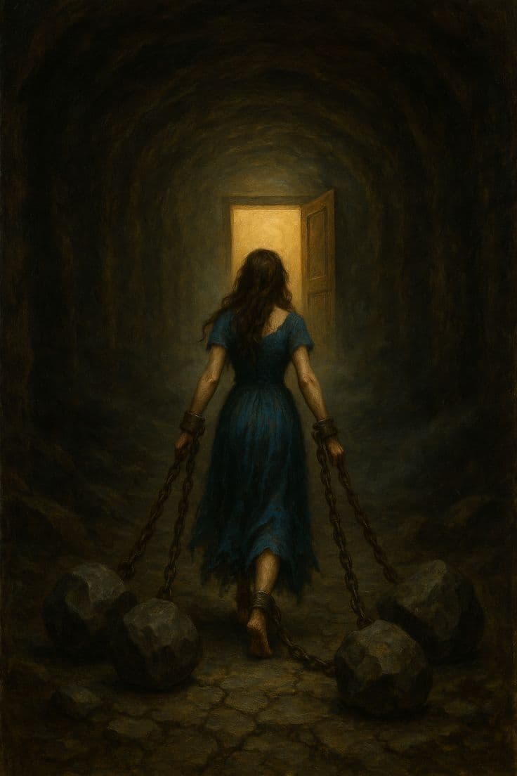 Illustrated cover showing a young African Gen Z woman dragging herself out of a cave with chains around her wrists attached to two heavy rocks on each side of her, there is an open door at the end of the cave with illuminating warm bright lights that symbolise hope