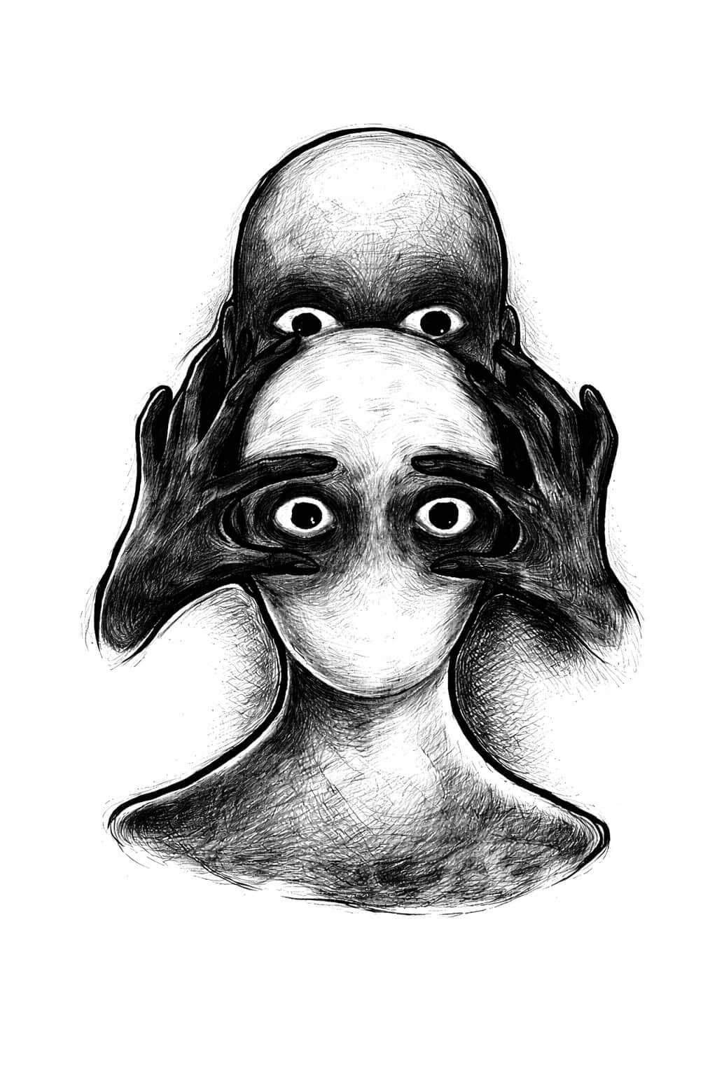 A black and white picture of someone opening the eyes of another person